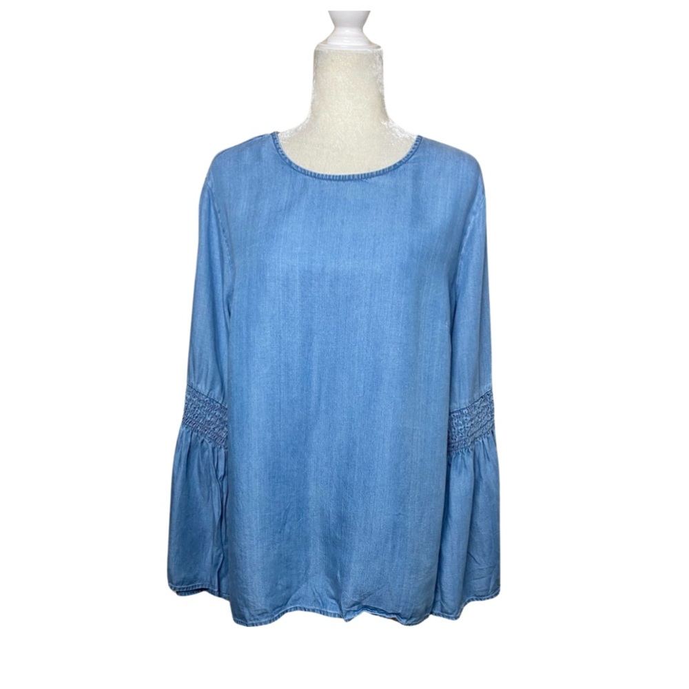 BLL Blue Tencel Chambray Denim Long Sleeve Tulip Cuff Top Smocked Detail Size XL